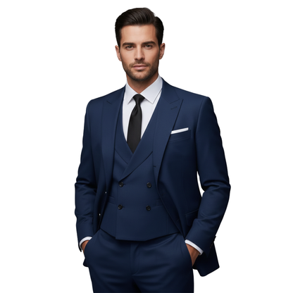 Mężczyzna stoi pewnie z rękami w kieszeniach, ubrany w koszulkę Arkadya Outlet Garnitur Trzyczęściowy Męski Marynarka Kamizelka i Spodnie, w połączeniu z białą koszulą, czarnym krawatem i poszetką na białym tle.