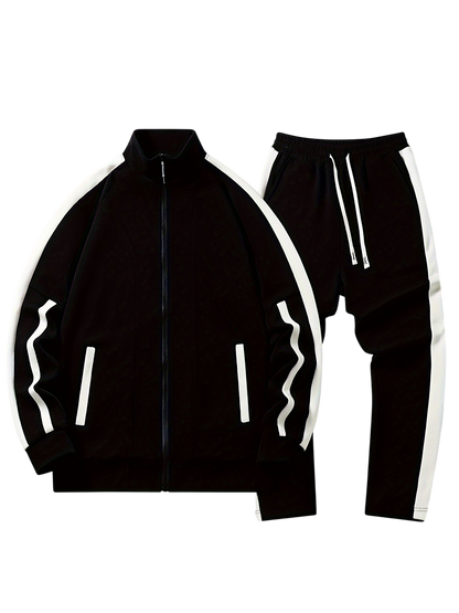 Komplet dresowy męski dwuczęściowy codzienny strój marki Arkadya Outlet obejmuje czarną kurtkę zapinaną na zamek z białymi paskami na rękawach, bocznymi kieszeniami i dopasowanymi spodniami z bocznymi paskami i ściągaczem w pasie.