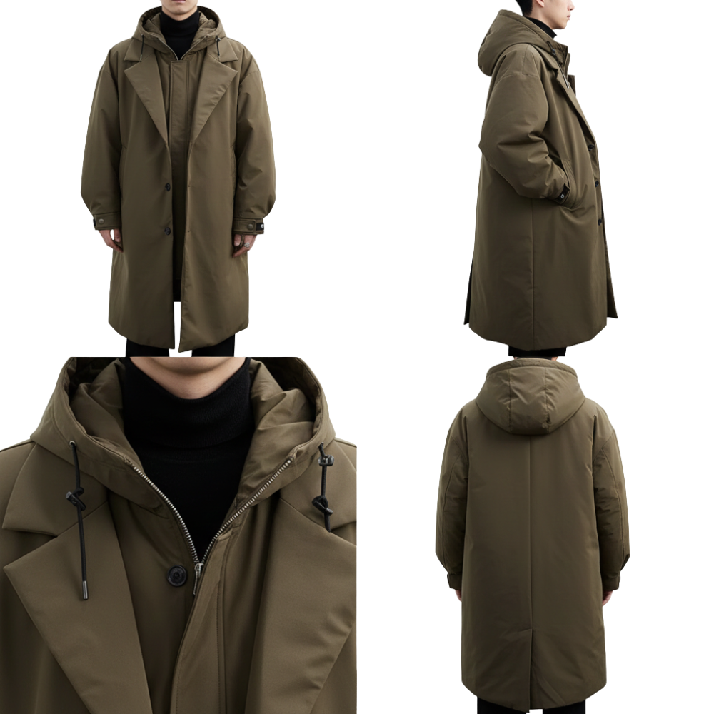 Modelka ma na sobie płaszcz Arkadya Outlet Płaszcz męski wodoodporny długi krój z kapturem podszewką w kolorze oliwkowym, pokazany pod wieloma kątami oraz z bliska na kołnierzu i kapturze. Płaszcz o luźnym kroju jest zapinany na guziki i jest stylizowany na czarne ubrania.