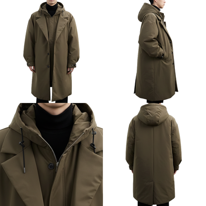 Modelka ma na sobie płaszcz Arkadya Outlet Płaszcz męski wodoodporny długi krój z kapturem podszewką w kolorze oliwkowym, pokazany pod wieloma kątami oraz z bliska na kołnierzu i kapturze. Płaszcz o luźnym kroju jest zapinany na guziki i jest stylizowany na czarne ubrania.