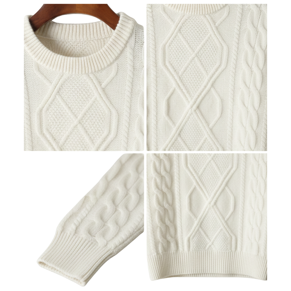 Zbliżenia Sweter męski dekolt okrągły warkoczowy marki Arkadya Outlet podkreślają kołnierz, rękawy i szczegółowe wzory dzianiny kablowej, ukazując fakturę i szwy tego standardowego, całorocznego swetra.