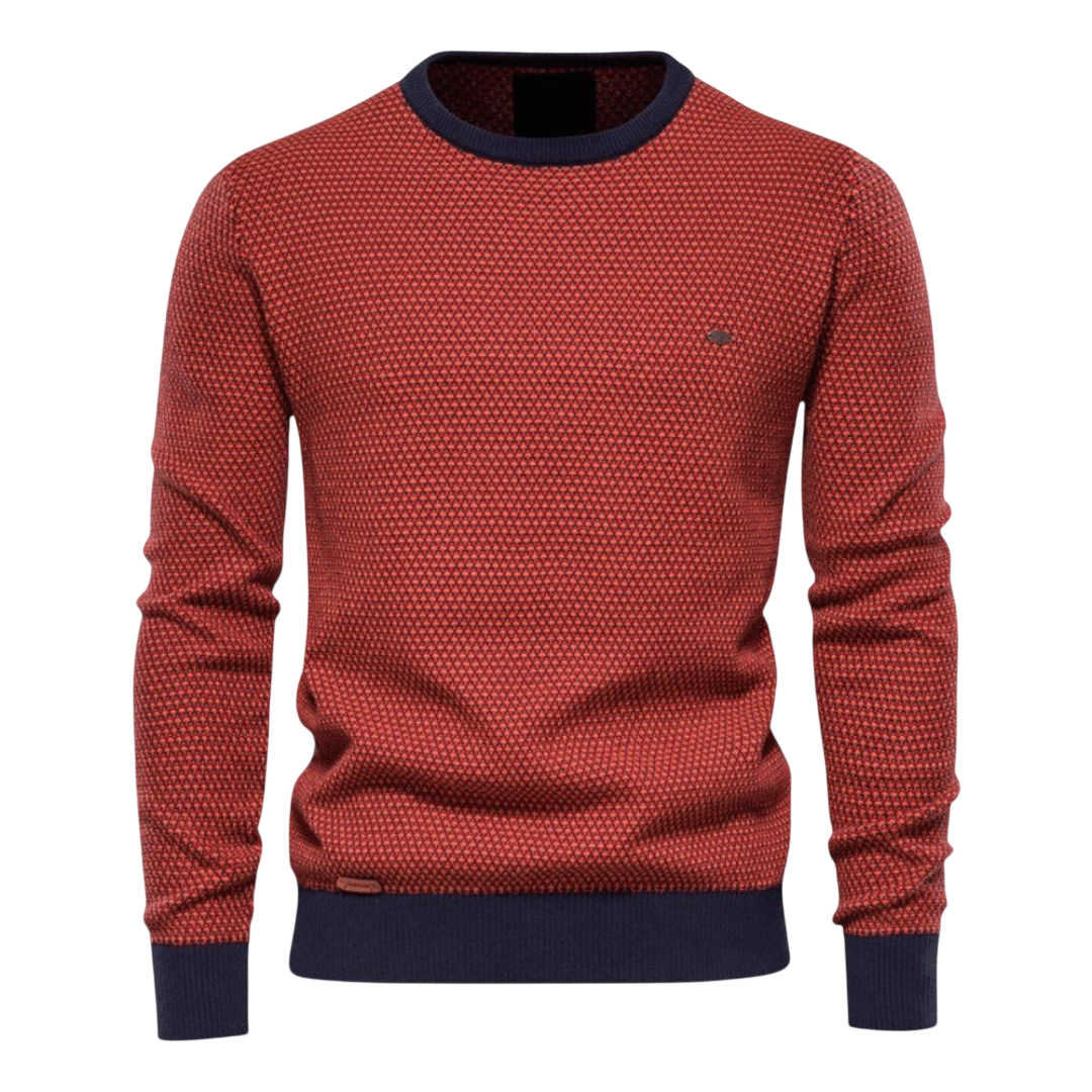 Męski sweter w kolorze czerwonym, dzianinowy; ujęcie na modelu.