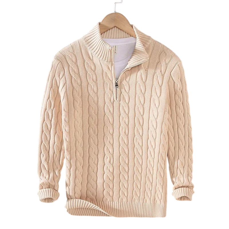 Jasnoszary męski sweter dzianinowy z warkoczowym wzorem, kołnierz zapinany na zamek 1/4, długi rękaw