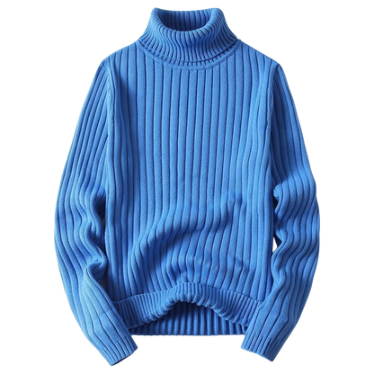 Arkadya Outlet Golf męski długi rękaw sweter dzianinowy w kolorze niebieskim, o prążkowanej fakturze i długich rękawach, prezentowany jest na białym tle.