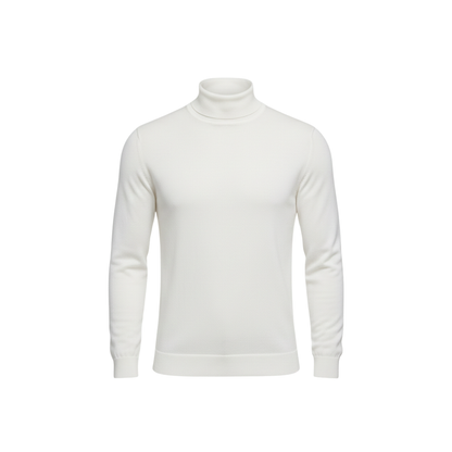 Sweter męski golf długi rękaw dopasowany pulower marki Arkadya Outlet to gładki, biały, dopasowany sweter idealny do noszenia na co dzień, przedstawiony na białym tle.