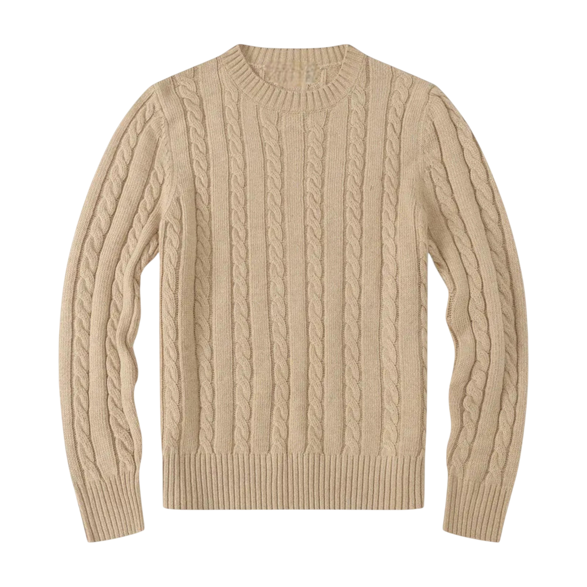 Arkadya Outlet Sweter męski dzianinowy dekolt okrągły długi rękaw regularny krój w kolorze beżowym ma fakturę dzianiny kablowej, prążkowane mankiety i dół i jest pokazany na płasko na białym tle.