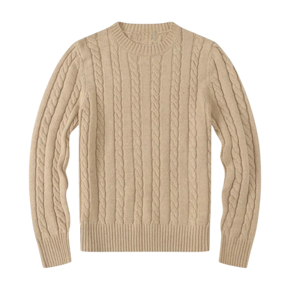Arkadya Outlet Sweter męski dzianinowy dekolt okrągły długi rękaw regularny krój w kolorze beżowym ma fakturę dzianiny kablowej, prążkowane mankiety i dół i jest pokazany na płasko na białym tle.
