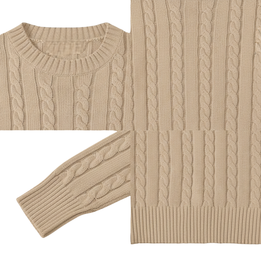 Męski sweter dzianinowy Arkadya Outlet ma regularny krój, długi rękaw i okrągły dekolt z prążkowanymi detalami, pokazanymi w zbliżeniu, aby podkreślić teksturowany wzór dzianiny.