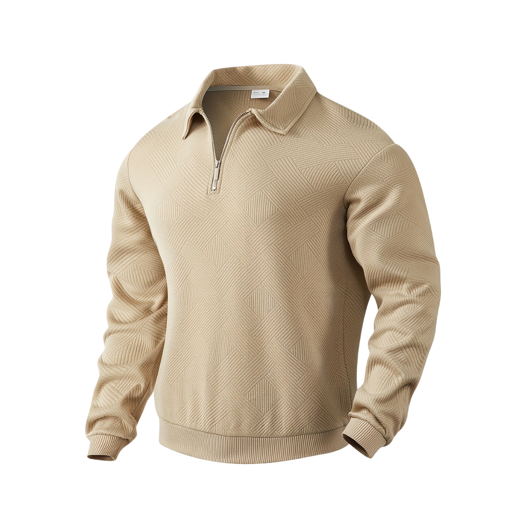 Beżowy męski sweter z dzianiny z kołnierzem i zamkiem 1/4, długi rękaw, stylowy wzór geometryczny