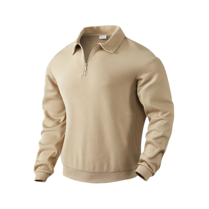 Beżowy męski sweter z dzianiny z kołnierzem i zamkiem 1/4, długi rękaw, stylowy wzór geometryczny