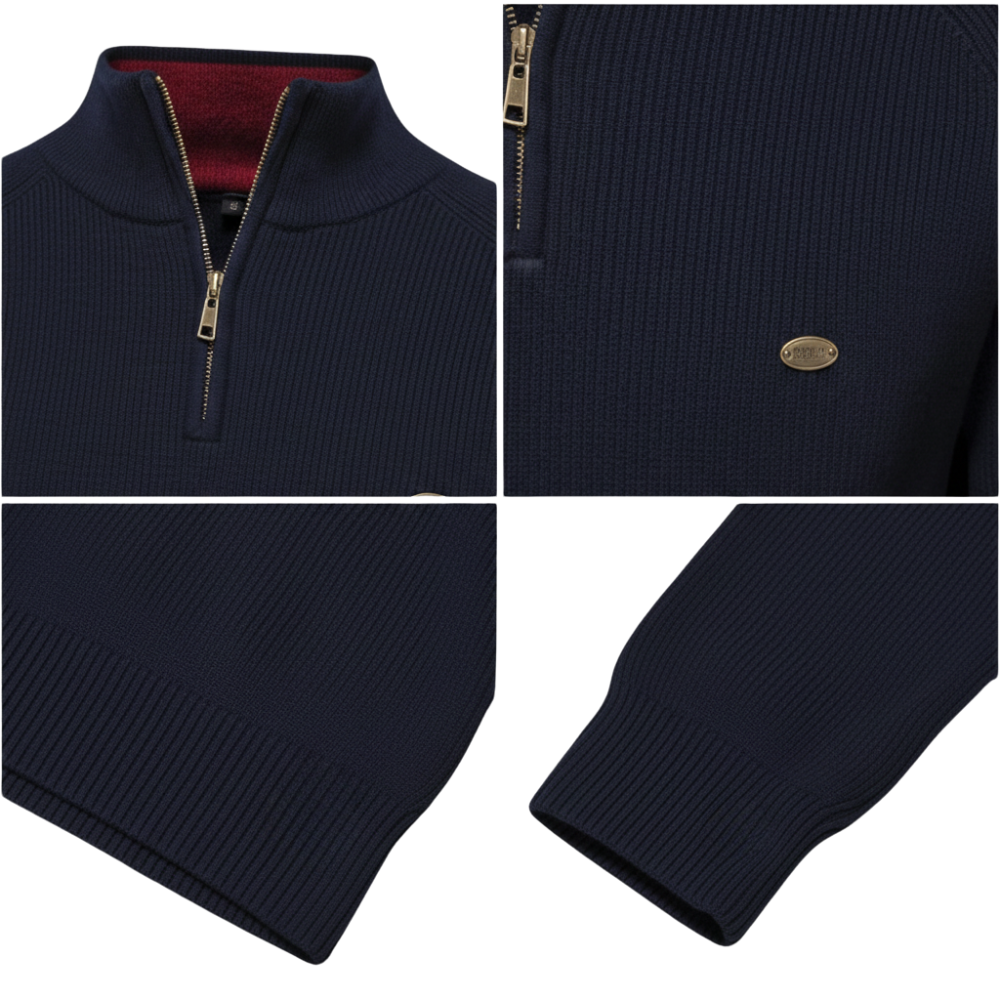 Cztery zbliżenia na męski półzamek Arkadya Outlet: granatowy, złoty zamek błyskawiczny, małe złote logo na piersi, prążkowane mankiety, raglanowe rękawy, czerwony wewnętrzny kołnierz i dopasowana stójka.