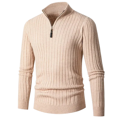 Beżowy męski sweter z miękkiej dzianiny prążkowanej, zamek 1/4 przy kołnierzu, klasyczny dopasowany krój