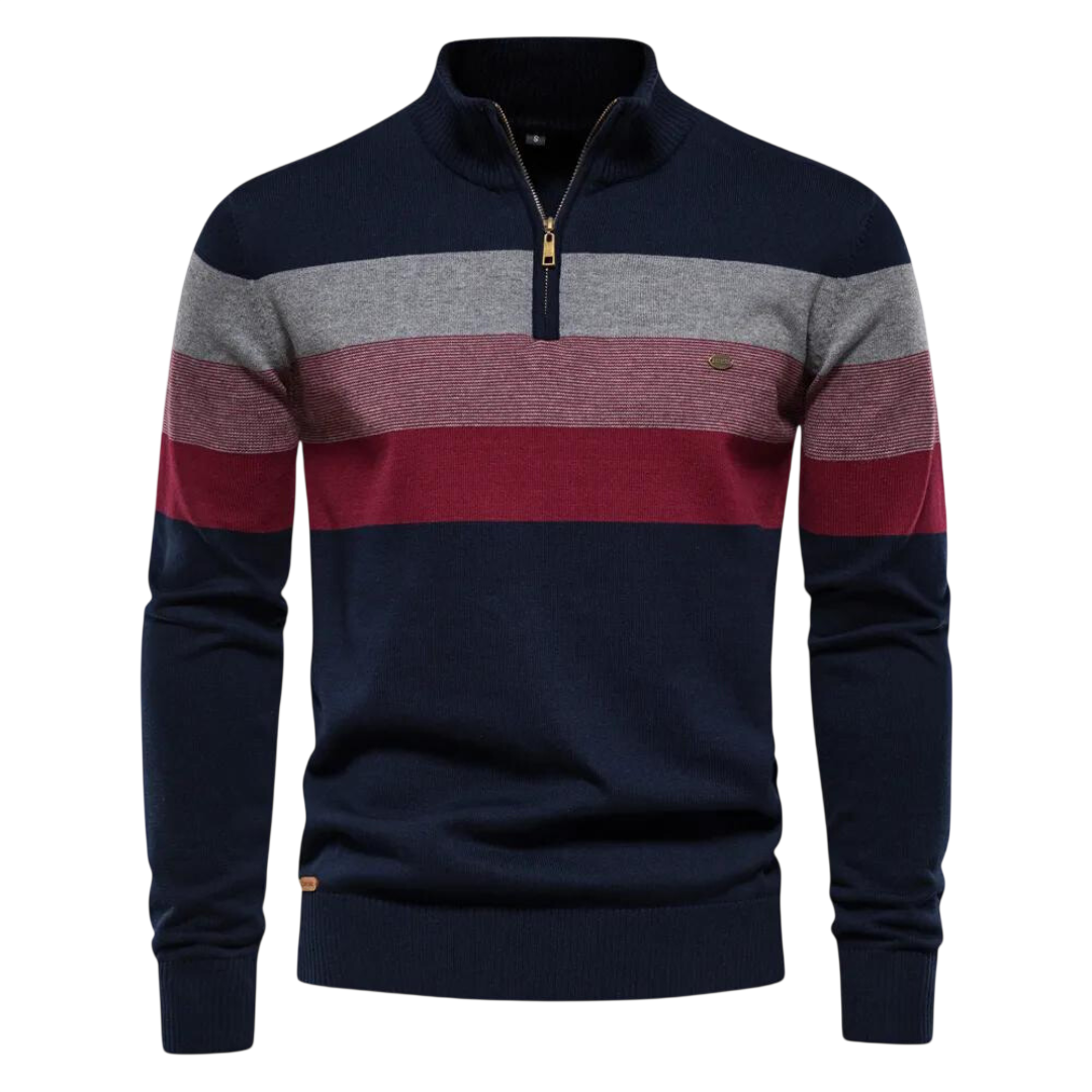 Granatowy męski sweter dzianinowy z zamkiem 1/4, poziome paski w kolorze bordowym i szarym, klasyczny fason