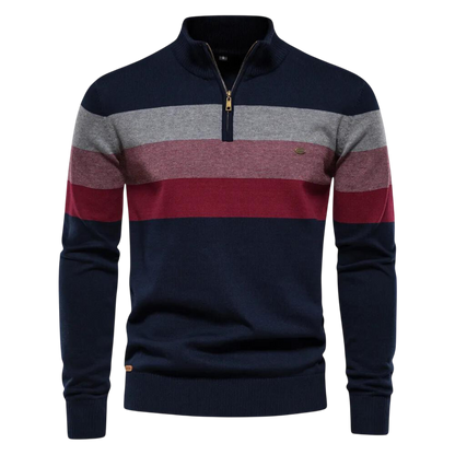 Granatowy męski sweter dzianinowy z zamkiem 1/4, poziome paski w kolorze bordowym i szarym, klasyczny fason