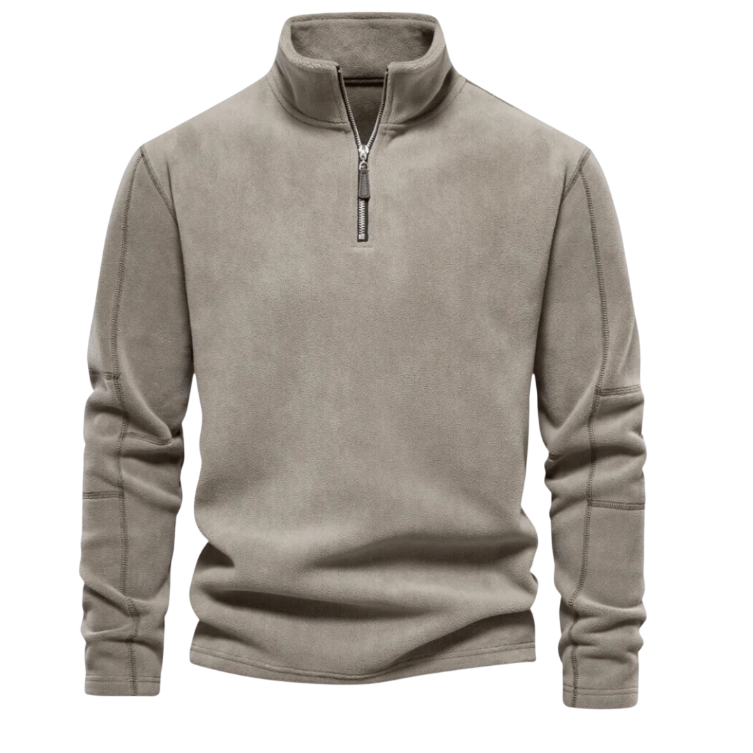 Męski polarowy sweter w kolorze taupe z zamkiem 1/4 i stójką, miękki materiał, długi rękaw, wygodny krój na co dzień