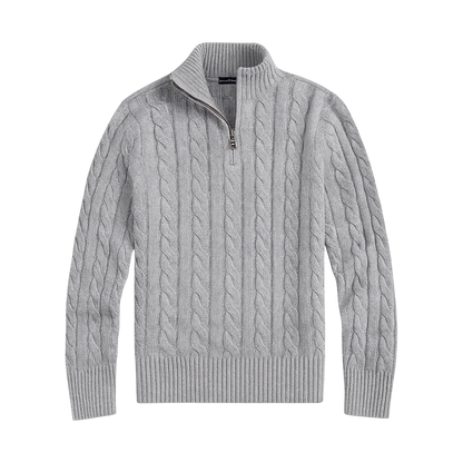 Szary męski sweter z dzianiny o wzorze warkoczowym, zamek 1/4, stójka i długi rękaw