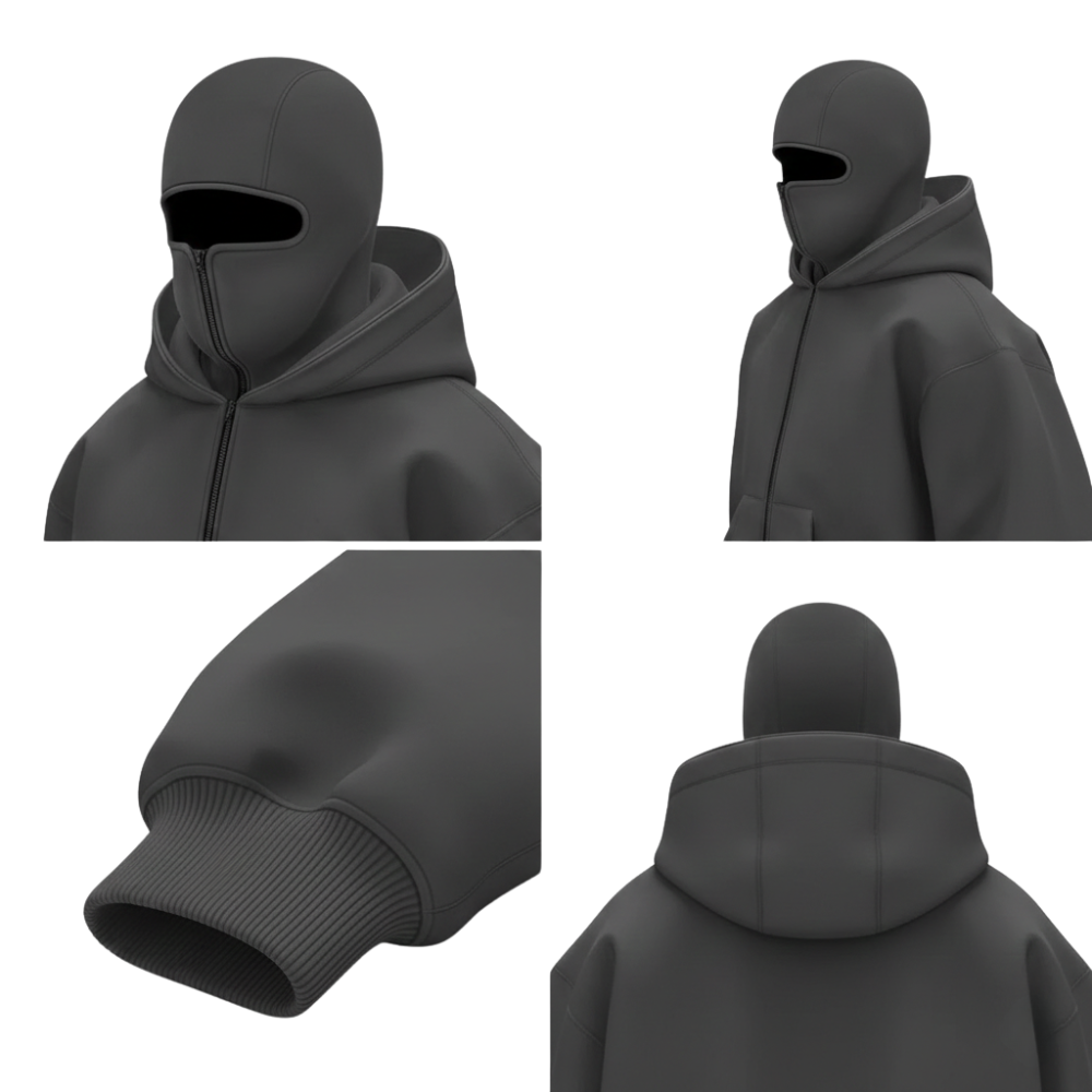 Cztery widoki kurtki Arkadya Outlet Top Z Kapturem Męskim Zintegrowana Ochrona Twarzy Luźny Krój w kolorze ciemnoszarym: przód, bok, zbliżenie mankietu rękawa i tył, ukazujące jej gładką fakturę i minimalistyczny design.