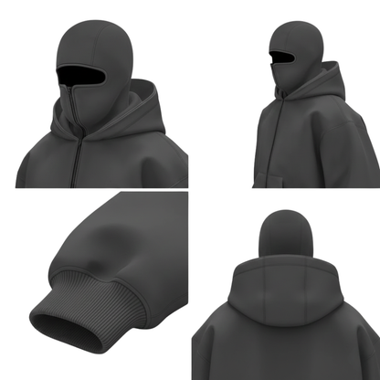 Cztery widoki kurtki Arkadya Outlet Top Z Kapturem Męskim Zintegrowana Ochrona Twarzy Luźny Krój w kolorze ciemnoszarym: przód, bok, zbliżenie mankietu rękawa i tył, ukazujące jej gładką fakturę i minimalistyczny design.