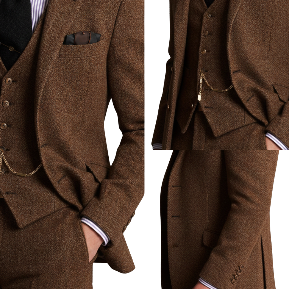 Osoba nosi męski zestaw garniturowy Arkadya Outlet trzyczęściowy regularny krój do użytku, stylizowany na złoty łańcuszek do zegarka kieszonkowego, koszulę w paski, czarny krawat i poszetkę; zbliżenia podkreślają marynarkę, kamizelkę i detale tkaniny.