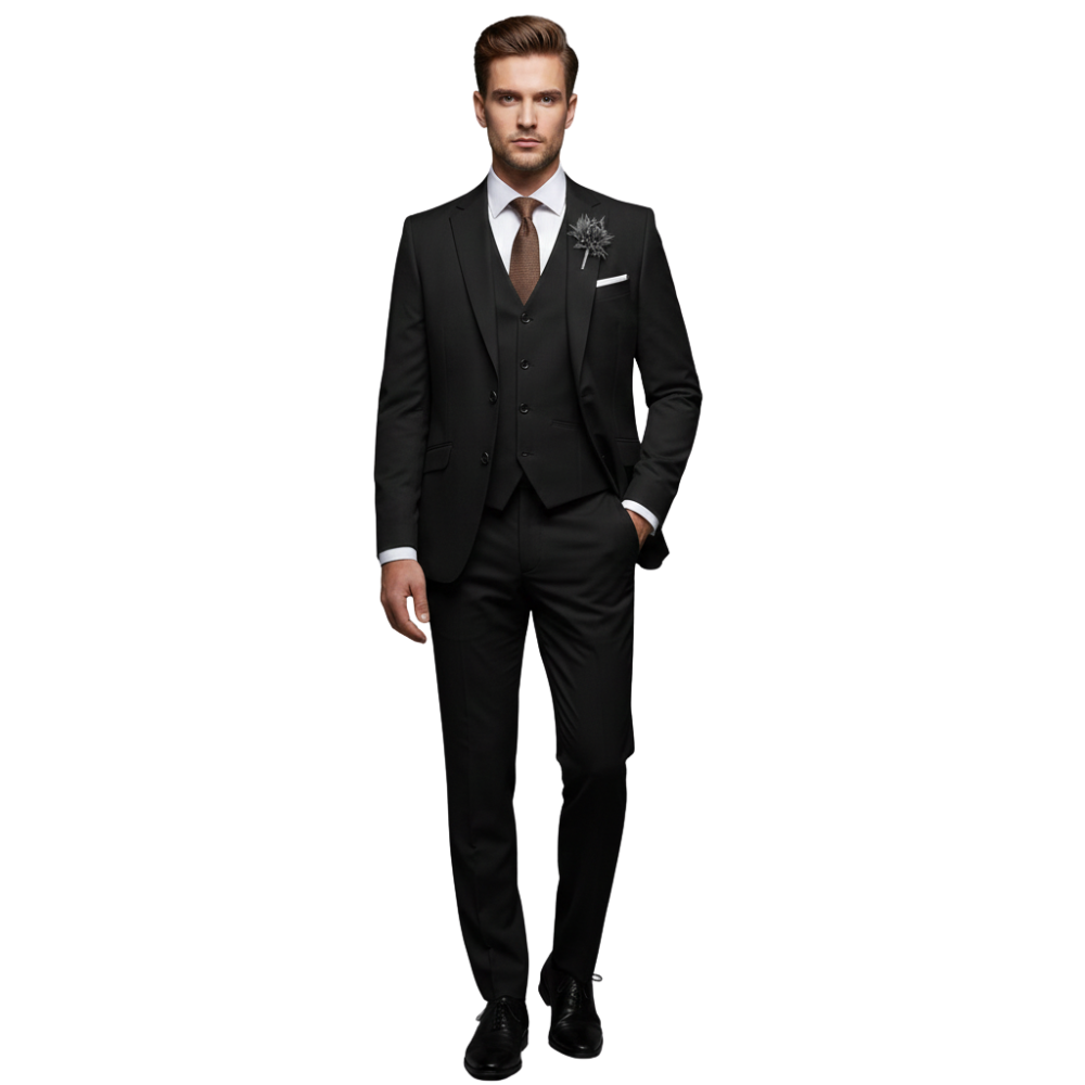 Męski garnitur trzyczęściowy: marynarka, kamizelka i spodnie, kolor czarny; przód na modelu.