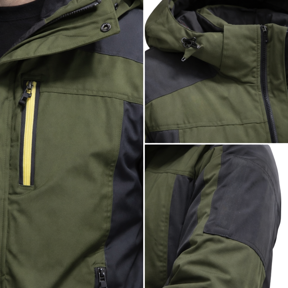 Kurtka zimowa męska z kapturem w kolorze zielonym, ujęcie z przodu.