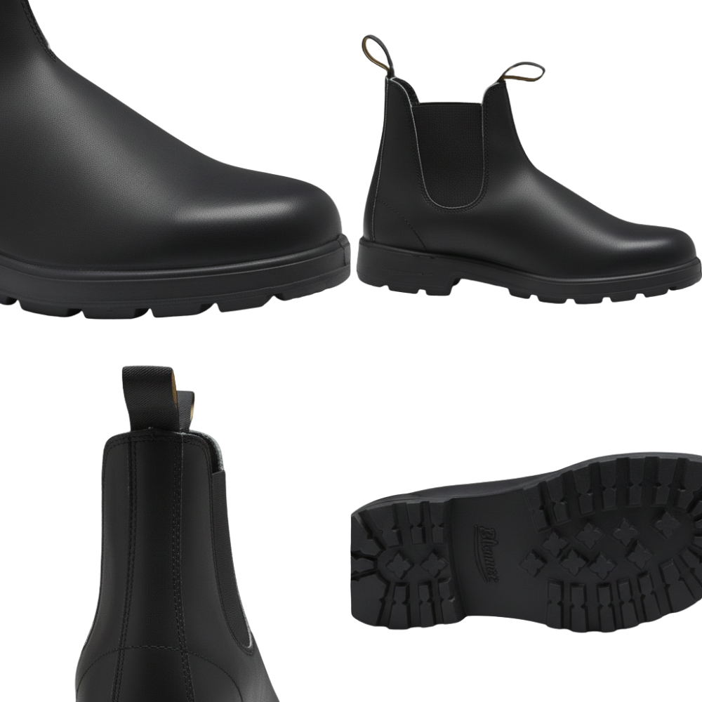 Kolaż czterech kątów Arkadya Outlet Botki Chelsea męskie wsuwane z elastycznymi panelami do kostki: widok z boku, zbliżenie palców, tył z zakładką i podeszwa z bieżnikiem.