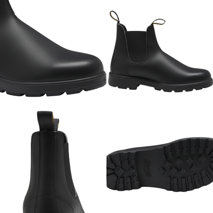 Kolaż czterech kątów Arkadya Outlet Botki Chelsea męskie wsuwane z elastycznymi panelami do kostki: widok z boku, zbliżenie palców, tył z zakładką i podeszwa z bieżnikiem.