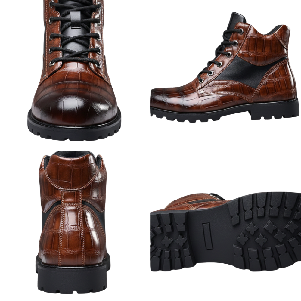 Cztery widoki Botki Wojskowe Męskie Sznurowane Podeszwa Traktorowa Tłoczone Arkadya Outlet: brązowe, sznurowane botki z nadrukiem krokodyla z czarnymi panelami i chropowatą podeszwą, pokazane z przodu, z boku, z tyłu i od spodu dla stylu i trwałości.