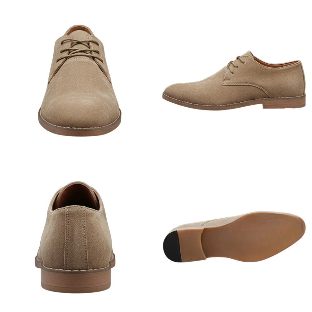 Buty Biznesowe Męskie Płaski Obcas Zamknięty Nosek marki Arkadya Outlet w kolorze beżowym prezentowane z przodu, z boku, z tyłu i od spodu. Mają zaokrąglony nosek, jasne przeszycia i płaską podeszwę z ciemniejszą piętą.