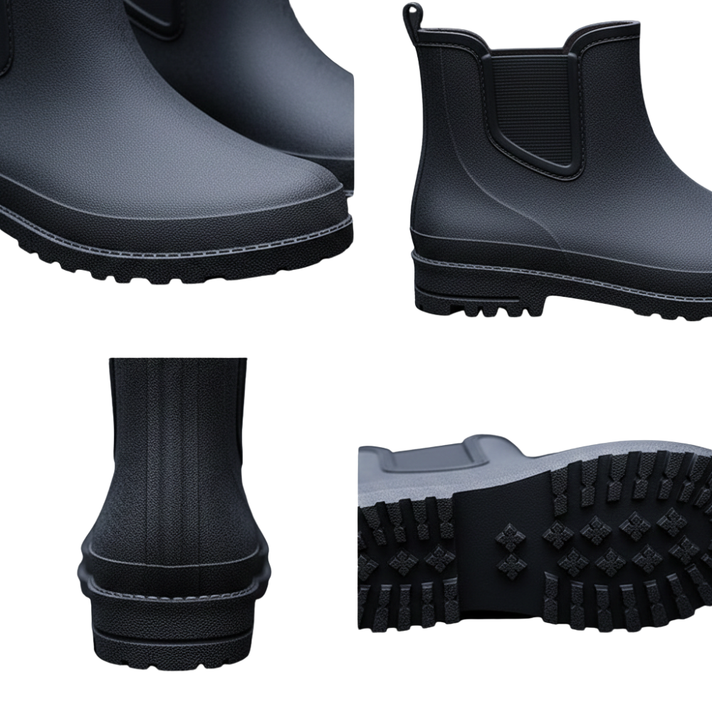 Kolaż czterech zbliżonych widoków butów Arkadya Outlet Buty Chelsea męskie zimowe wsuwane antypoślizgowe, pokazujący palce, bok, tył i teksturowaną podeszwę antypoślizgową z głębokimi bieżnikami, na białym tle.