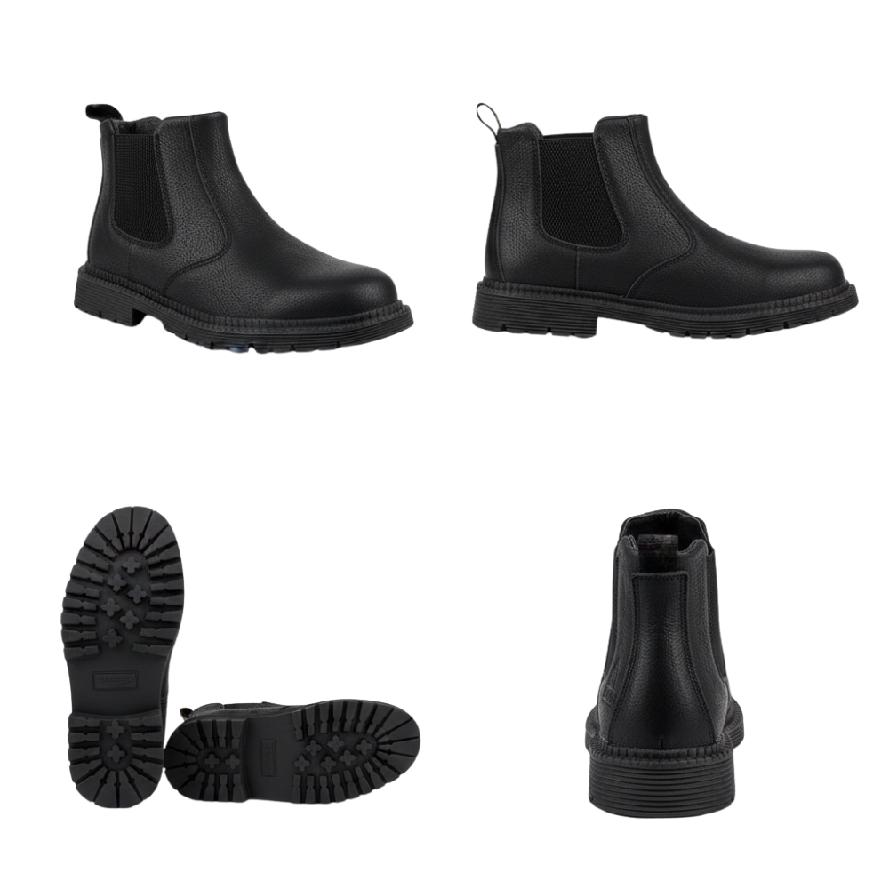 Cztery widoki Arkadya Outlet Buty Robocze Męskie Zabudowany Nosek Trwała Konstrukcja: lewa strona, prawa strona, podeszwa i tył na białym tle. Stylowe obuwie robocze idealne na co dzień.