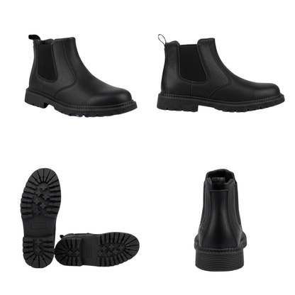 Cztery widoki Arkadya Outlet Buty Robocze Męskie Zabudowany Nosek Trwała Konstrukcja: lewa strona, prawa strona, podeszwa i tył na białym tle. Stylowe obuwie robocze idealne na co dzień.