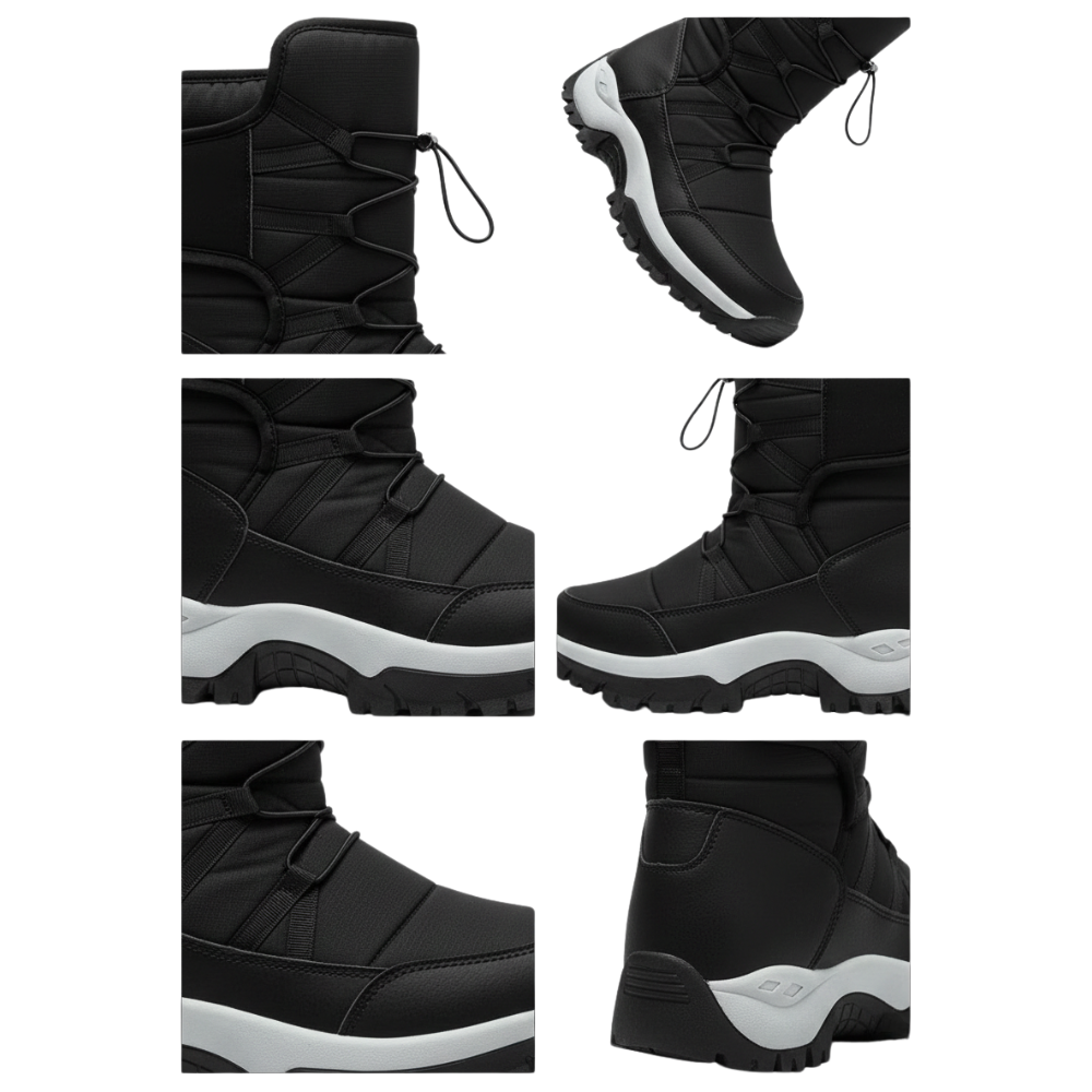 Kolaż sześciu zbliżeń prezentuje Arkadya Outlet Buty Śniegowe Męskie-czarne, wodoodporne buty zimowe z grubą białą podeszwą, teksturowanym bieżnikiem, akcentami przeszyć i elastycznymi sznurowadłami z przełącznikiem na zimną pogodę.