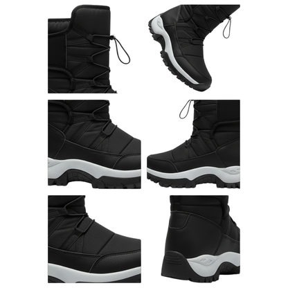 Kolaż sześciu zbliżeń prezentuje Arkadya Outlet Buty Śniegowe Męskie-czarne, wodoodporne buty zimowe z grubą białą podeszwą, teksturowanym bieżnikiem, akcentami przeszyć i elastycznymi sznurowadłami z przełącznikiem na zimną pogodę.