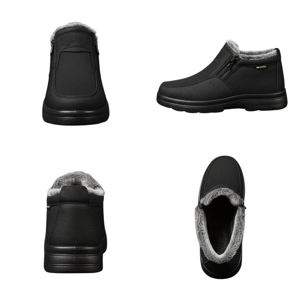 Arkadya Outlet Męskie buty wodoodporne antypoślizgowe zimowe obuwie w kolorze czarnym z szarą podszewką ze sztucznego futra, bocznymi zamkami błyskawicznymi i antypoślizgowymi podeszwami; wyświetlane z przodu, z boku, z tyłu i z góry na białym tle.