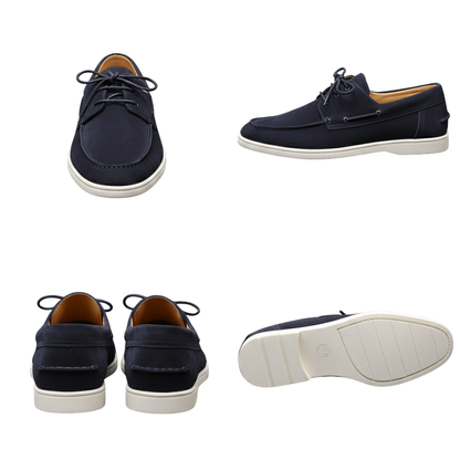 Buty Żeglarskie Męskie Sznurowane Niskie Gumowa Podeszwa marki Arkadya Outlet w kolorze granatowym z białą, antypoślizgową podeszwą, sznurówkami i widocznymi przeszyciami pokazano z przodu, boku, tyłu oraz od spodu.