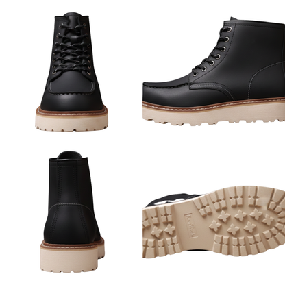 Cztery odsłony Buty zimowe męskie ocieplane z wyściełanym kołnierzem do kostki Arkadya Outlet: czarny skórzany but z białymi przeszyciami, beżowa podeszwa z wypustkami, pokazująca wzór bieżnika, ocieplana wyściółka i stabilizujący kołnierz dla wygody.