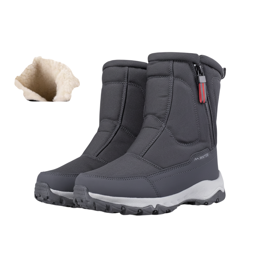 Para Arkadya Outlet męskie buty zimowe średnia wysokość z wytrzymałymi podeszwami i bocznymi zamkami błyskawicznymi jest pokazana na białej powierzchni; wstawka podkreśla wodoodporną izolację i ocieplaną wyściółkę zapewniającą ciepło i wygodę.