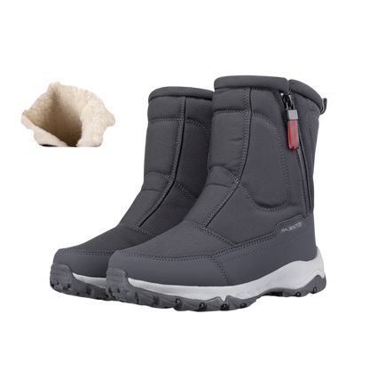 Para Arkadya Outlet męskie buty zimowe średnia wysokość z wytrzymałymi podeszwami i bocznymi zamkami błyskawicznymi jest pokazana na białej powierzchni; wstawka podkreśla wodoodporną izolację i ocieplaną wyściółkę zapewniającą ciepło i wygodę.