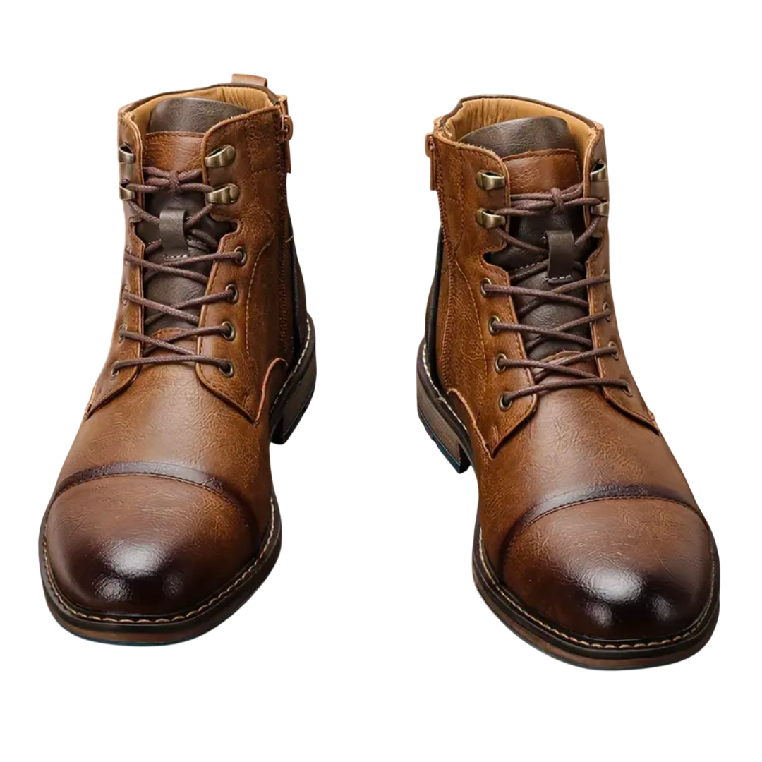 Brązowe buty zimowe męskie Arkadya Outlet, sznurowane z bocznym zamkiem, wykonane ze skóry, z ciemniejszymi noskami i widocznymi przeszyciami, ustawione frontem na białym tle.