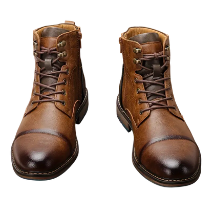 Brązowe buty zimowe męskie Arkadya Outlet, sznurowane z bocznym zamkiem, wykonane ze skóry, z ciemniejszymi noskami i widocznymi przeszyciami, ustawione frontem na białym tle.