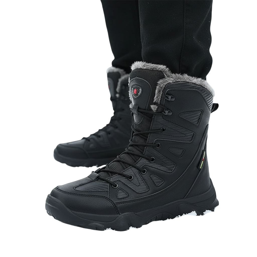 Osoba ubrana w czarne Arkadya Outlet Męskie buty zimowe wodoodporne ocieplane obuwie stoi na śniegu, a za nią rozmazane śnieżne evergreeny. Buty wyglądają solidnie i zapewniają niezawodną izolację w zimowych warunkach.