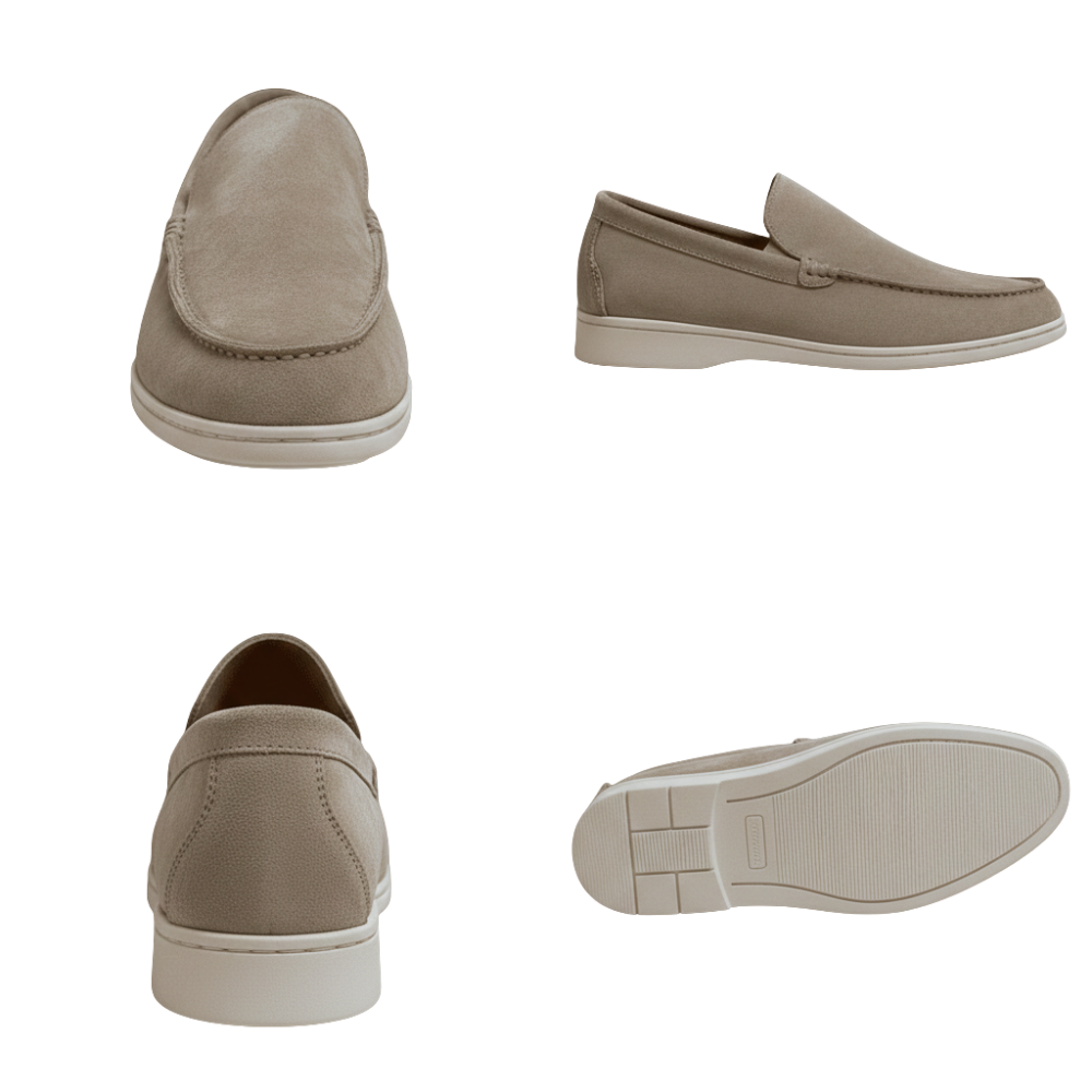 Mokasyny Męskie Wsuwana Lekka Konstrukcja marki Arkadya Outlet pokazane z przodu, z boku, z tyłu i od spodu na białym tle.