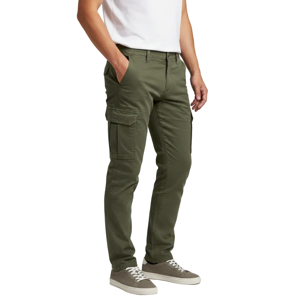 Mężczyzna ma na sobie Arkadya Outlet Spodnie cargo męskie luźny krój z kieszeniami na dzień codzienny, białą koszulkę i szare trampki, stojąc z jedną ręką w kieszeni na białym tle.