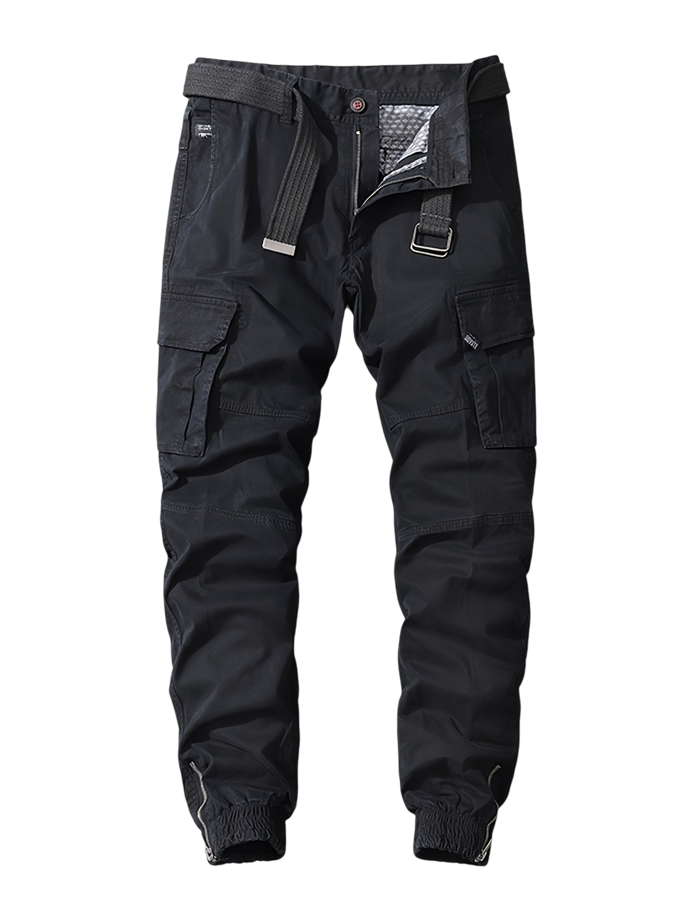 Arkadya Outlet Męskie Spodnie joggery z elastycznymi mankietami i kieszeniami cargo, pokazane na płasko z otwartym pasem odsłaniającym wewnętrzną podszewkę, wyświetlane na gładkim szarym tle.