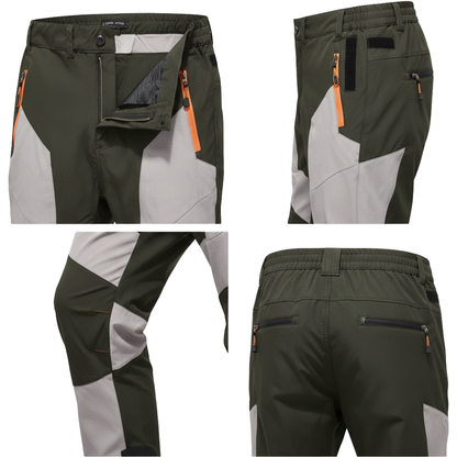 Kolaż czterech zdjęć przedstawiających Spodnie Terenowe Męskie Wodoodporne Wiatroszczelne Regulowane Arkadya Outlet w kolorze zielonym i szarym z pomarańczowymi zamkami, wieloma kieszeniami, regulowanym pasem i wzmocnionymi kolanami pod różnymi kątami.