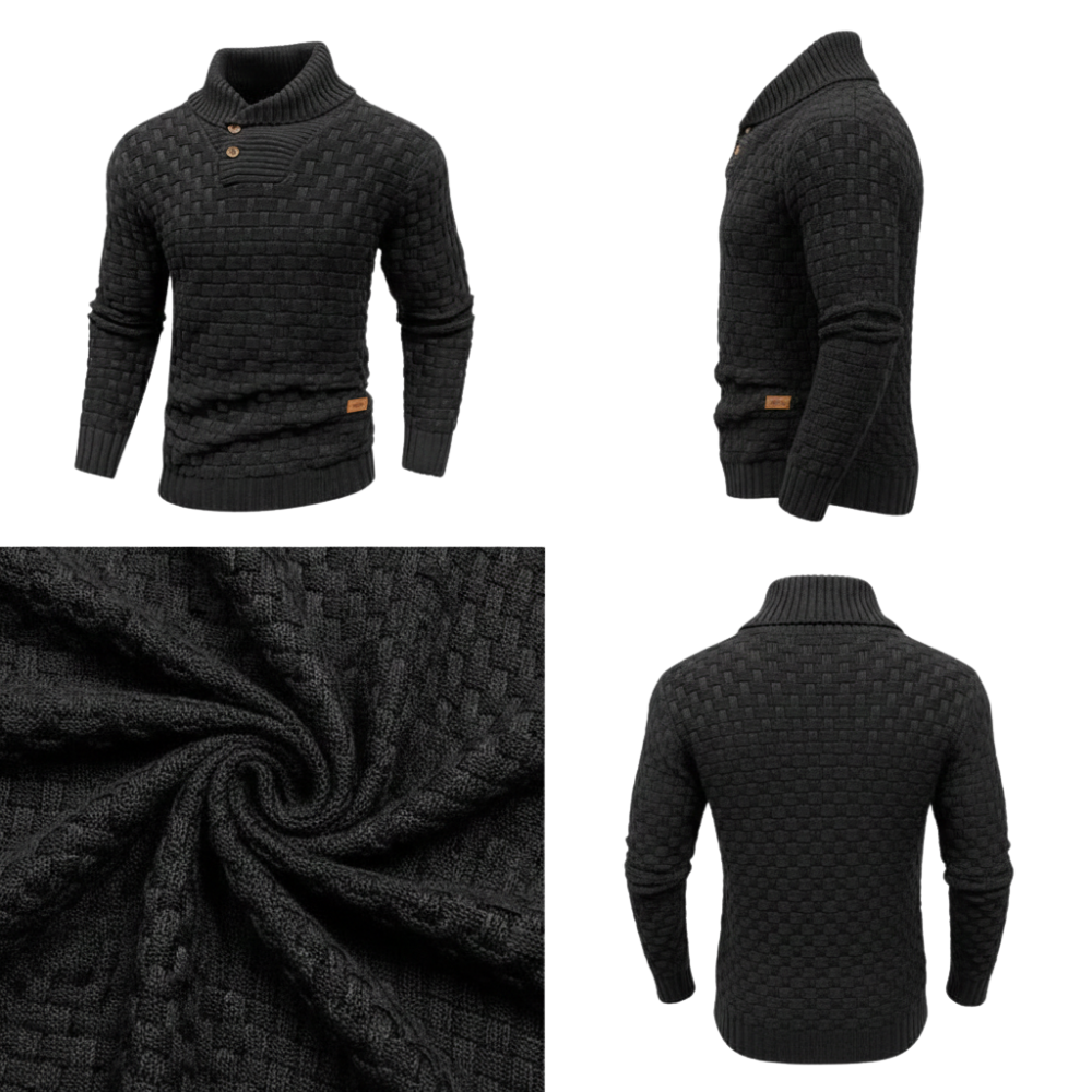 Arkadya Outlet Sweter męski teksturowana powierzchnia, regularny krój na zimę, w kolorze czarnym z długimi rękawami, prążkowanym kołnierzem i dwoma guzikami - pokazany pod każdym kątem ze zbliżeniem na teksturowaną tkaninę idealną na chłodne dni.