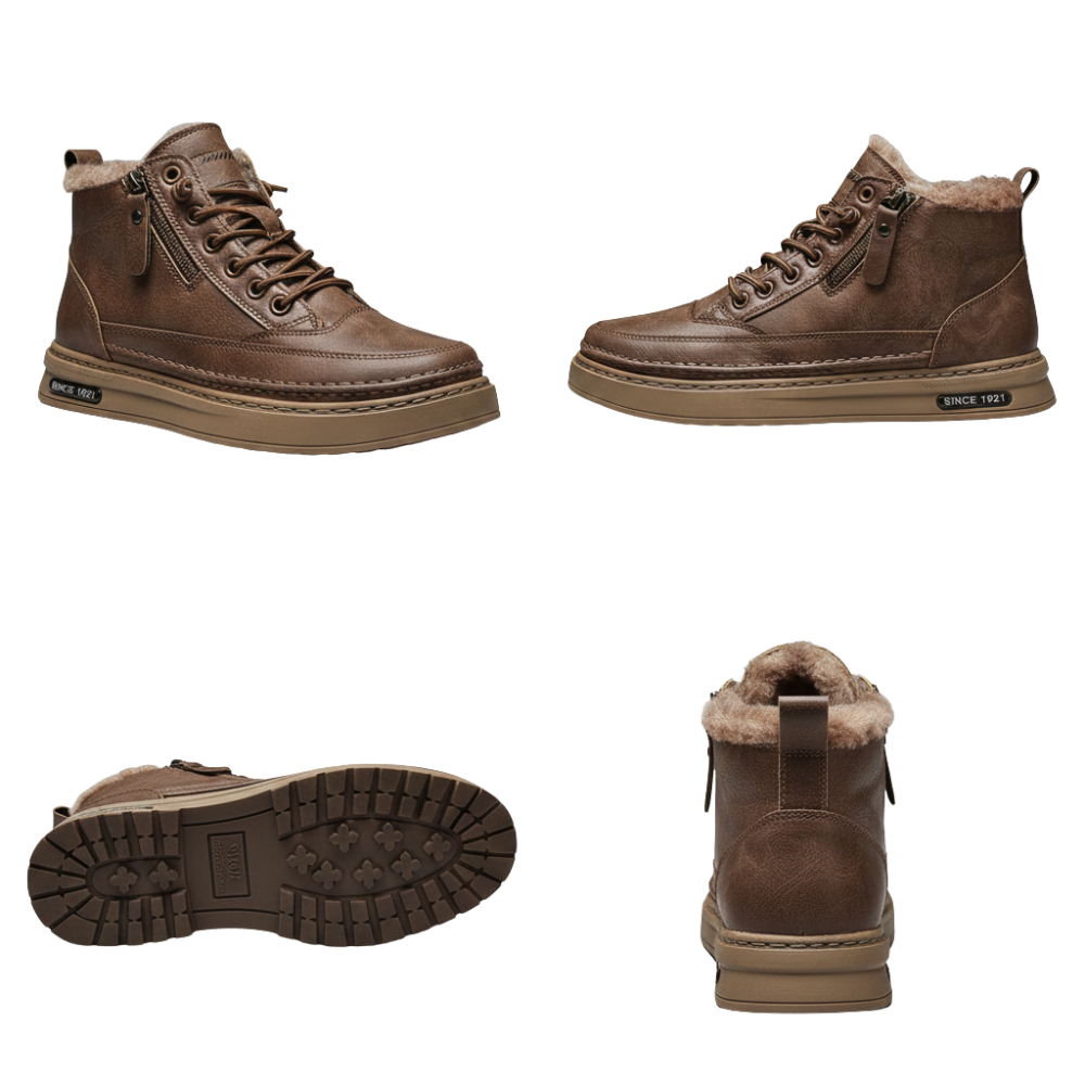 Cztery widoki butów Arkadya Outlet Botki męskie sznurowane z bocznym zamkiem na wysokość kostki z beżową podeszwą i futrzaną podszewką: z boku, pod kątem, na podeszwie i z tyłu. Widoczne szwy, sznurowadła, boczne zamki i napis "SINCE 1983" na krawędzi podeszwy.