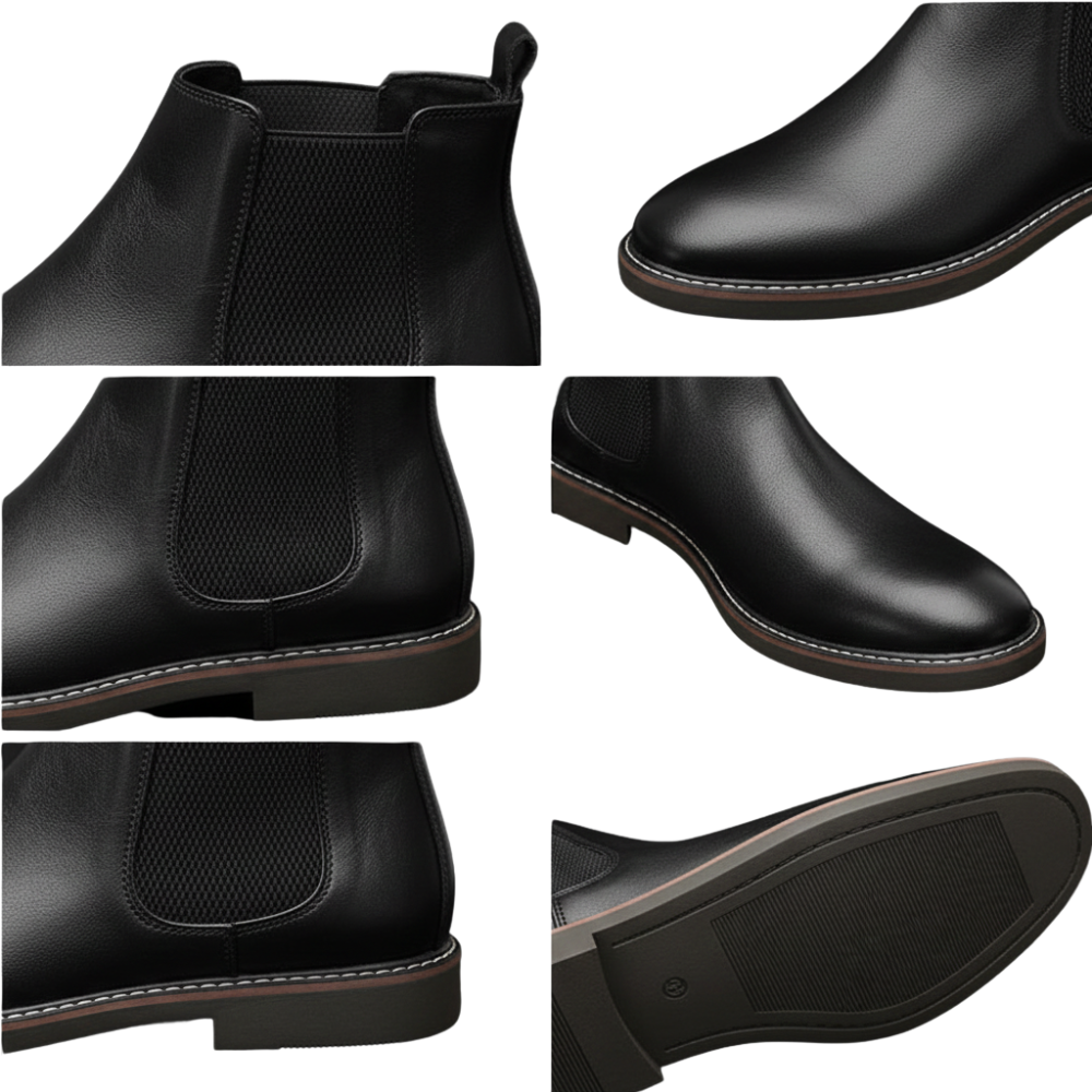 Zbliżenie kolażu Botki męskie wsuwane sztyblety zimowe zamknięta forma marki Arkadya Outlet z czarnej skóry, pokazująca bok, palce, piętę, elastyczny panel i podeszwę ze szczegółowymi przeszyciami i teksturowanym gumowym bieżnikiem.