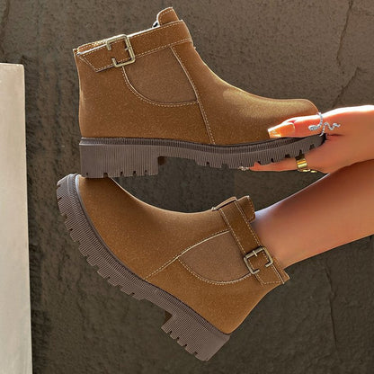 Botki damskie zimowe okrągły nosek z zapięciem klamry